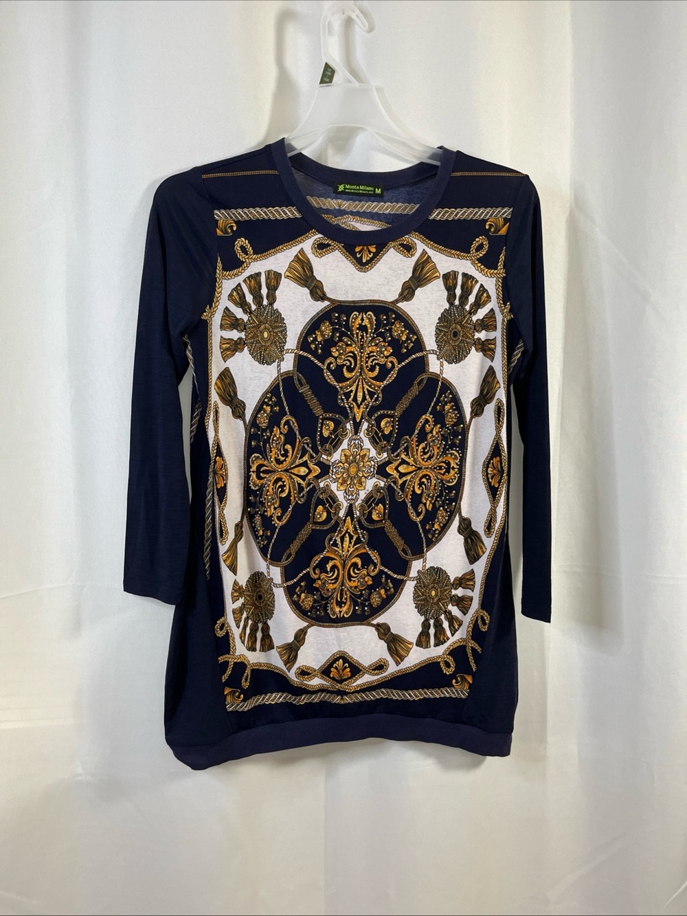 Monte Milano Women’s 3/4 Sleeve Crew Neck Ornate Print Beads design Medium NWOT